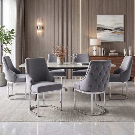 6 sillas de comedor de terciopelo gris y silver, estilo moderno, respaldo alto, patas de metal (1/5)