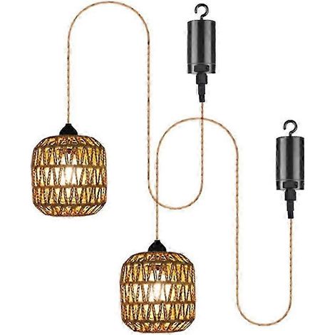 Lot de 2 suspensions lumineuses à piles en rotin tressé idéales pour gazebo pergola porche et décoration intérieure et extérieure. (1/5)