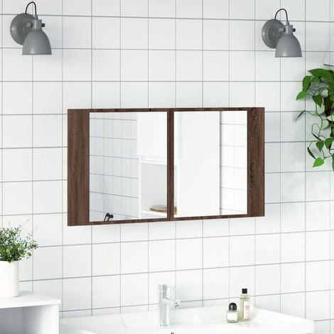 Armoire de Toilette avec Miroir LED, 90x45x12 cm, Finition Chêne Marron, Meuble de Salle de Bain Mural avec Éclairage Intégré et Rangement (1/5)