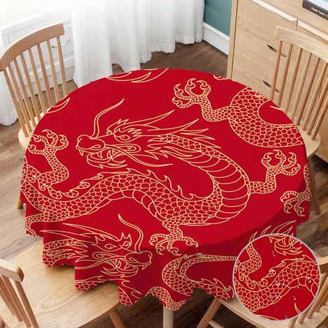 Nappe Ronde Motif Dragon Chinois Combattant Les Contours dorés sur Nappe Rouge pour Salle à Manger, Cuisine, décoration de Table Ronde, 152,4 cm (1/5)