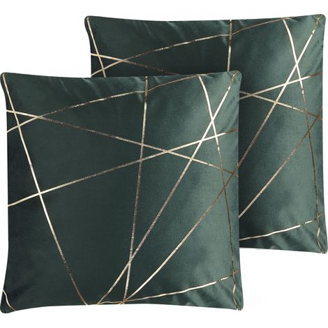 Conjunto de 2 cojines decorativos terciopelo verde patrón geométrico dorado 45 x 45 cm fundas extraíbles cierre de cremallera estilo glamuroso Pinus (1/5)