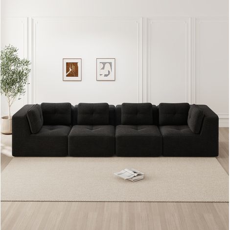 Canapé d'angle modulaire 4 places noir en velours côtelé avec assise profonde sans montage (1/5)