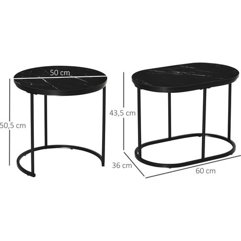 Lot de 2 tables basses tables d'appoint gigognes en acier et plateau MDF aspect marbre - table ronde et ovale - noir (1/5)