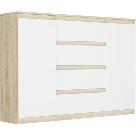 Kommode mit Schränken und Schubladen Sonoma Mix Weiß, 140 x 40 x 98 cm - Modern R140S4