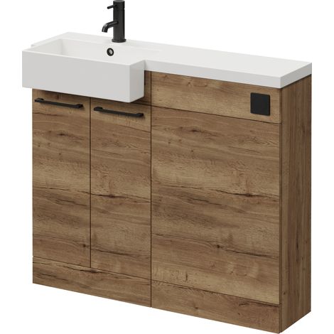 Napoli 250 Tobacco Oak 1000mm 2 Door Vanity Unit Toilet Suite with Left Hand Square Rico Semi Recessed Basin - 1000mm - Matt Black 160mm HandleWithout Kingston Toilet Pan