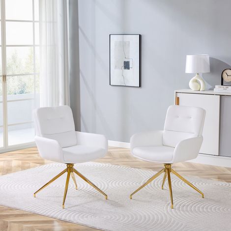 Lot de 2 chaises de salle à manger pivotantes, fauteuil de table moderne pour cuisine et salon, simili cuir PU avec et rotation 360, Blanc et Or (1/5)