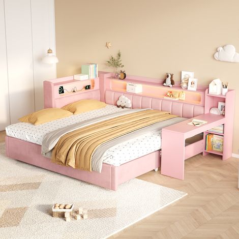 Lit Banquette Extensible 90x200 à 180x200 cm, Lit Gigogne, Bureau Intégré, LED et USB, Lin Rose (1/5)