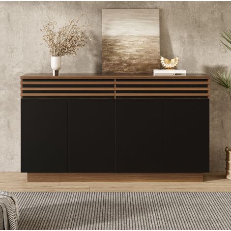 Buffet en MDF noir et brun effet bois 150 x 40 x 85 cm, 2 tiroirs, 4 portes, tablettes réglables (1/5)