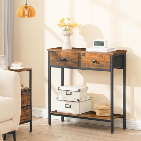 Slim Console Table, Narrow Console Table with 2 Non-woven Drawers, Hallway Table with Storage, Small Side Table for Small Spaces, Living Room, Industrial, Rustic Brown and Black EBF71XG01,HOOBRO