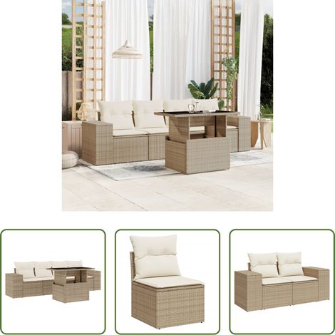 vidaXL Gartensessel - 5-tlg. Garten-Sofagarnitur mit Kissen Beige Poly Rattan (1/5)
