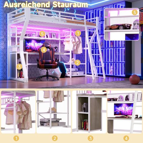 Lit mezzanine 90x200 cm, cadre en métal, avec éclairage LED, prise intégrée, penderie, bureau, rangements et étagères, espace ouvert sous le lit, sans matelas, blanc. (1/5)
