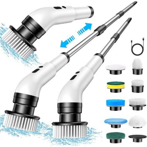 Brosse de nettoyage électrique, brosse de nettoyage électrique 9 en 1, 2 modes, brosse de nettoyage électrique avec manche télescopique de 34 à 130 cm pour salle de bain (1/5)