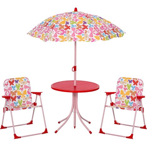 Outsunny Kids Folding Picnic Table Chair Set Butterfly Pattern Outdoor Parasol