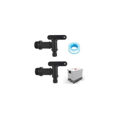 Deux ensembles de robinets de récupération d'eau de pluie (avec ruban en PTFE), robinet de sortie IBC de 3/4 pouces, robinets de remplacement en plastique pour collecteur d'eau de pluie. (1/4)