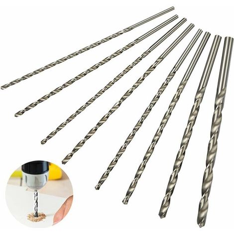 Set de Foret Extra Long 200mm 8Pcs, Foret en Acier à Grande Vitesse, Tige Droite avec Diamètre de 4mm, 4.2mm, 4.5mm, 5mm, 5.2mm, 6mm, 8mm, 10mm, Outil de Perçage pour Le Bois