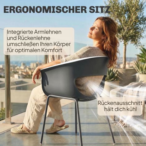 Lot de 4 chaises de jardin ergonomiques avec design découpé, accoudoirs, résistantes aux intempéries et à la rouille, gris foncé (1/4)