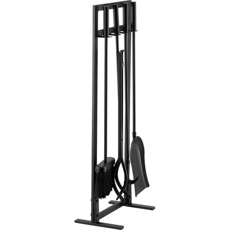 Ensemble de 5 outils de cheminée avec support en acier forgé, pince, pelle, balayette et tisonnier, pour usage intérieur/extérieur, noir. (1/5)