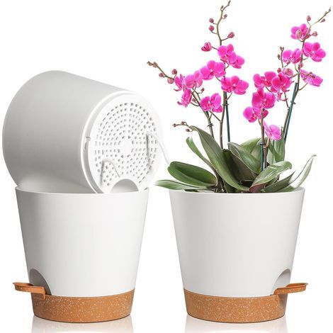 GENERIC-3 macetas de plástico de 20 cm, color blanco, autorriego con platillo con sistema de riego, maceta perezosa adecuada para interior y exterior, balcón, jardín (1/5)