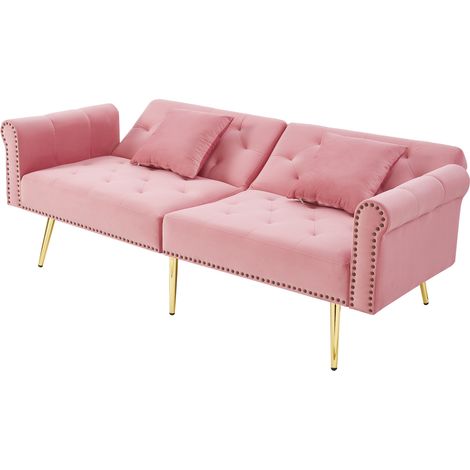 Canapé-lit 2 places en velours rose, dossier réglable 3 positions, pieds métal doré, 2 coussins, pour petits espaces et chambre d'amis CHICFURN (1/5)
