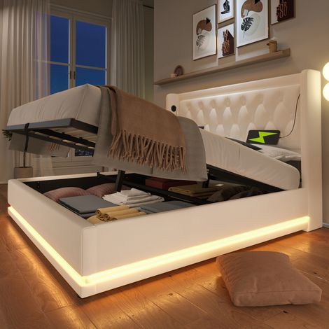 Bett Doppelbett Stauraum 180x200 LED USB PU Weiß OKMYHOME (1/5)