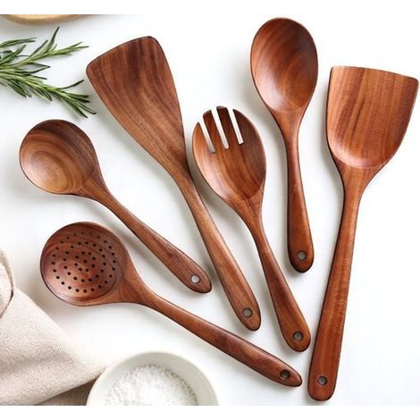 6-teiliges Set – Holz – Antihaftbeschichtung – Kochgeschirr-Set – Küchenutensilien – Pfannenwender – Gabel – Schaumlöffel – Löffel (1/5)