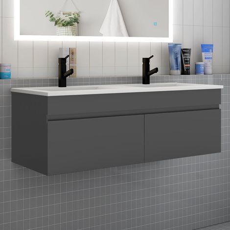 Meuble de salle de bain double vasque 120 cm, meuble suspendu avec 2 portes - anthracite