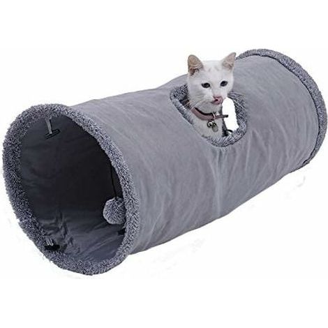 Jouet Tunnel pour Chat en Daim, Grand Tunnel a Chat Pliable avec 2 Trous et Boule Suspendue pour Chats Chatons Lapins Dia25 50cm (1/5)