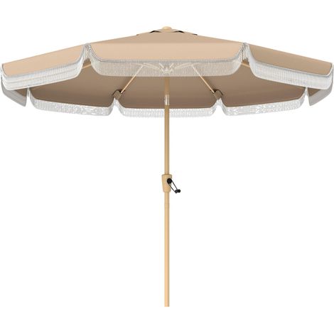 Parasol de jarden Ø266x238 cm avec angle réglable, manivelle et toile à franges décoratives pour terrasse, kaki