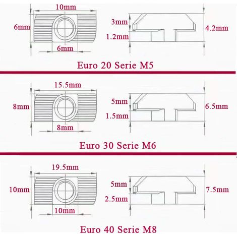 Lot de 120 écrous à tête marteau 8 mm - Rainure 8 M6 - Acier galvanisé - Filetage M6 - Écrou à rainure en acier au carbone - Pour fente d'extrusion de profil en aluminium (EU30-M6 x 16 x 8) (1/5)