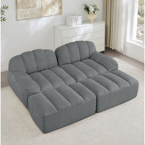 Divano modulare 2 posti con 2 ottomani, schiuma ad alta densità 32D, grigio HAVRYA (1/5)