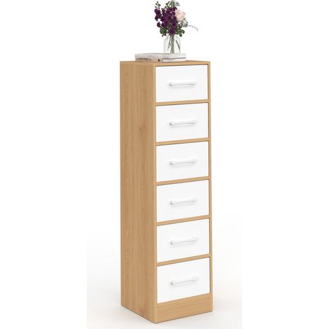 Mobile ausiliario a 6 cassetti UPPAH, cassettiera da 30 cm, mobile contenitore in legno effetto faggio e bianco (1/5)