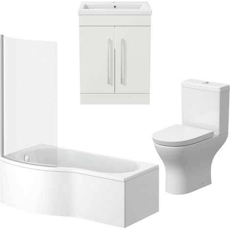 Bathroom Suite Vanity Unit Basin P Shape Bath With Curved Pan Toilet White LH (1/5)