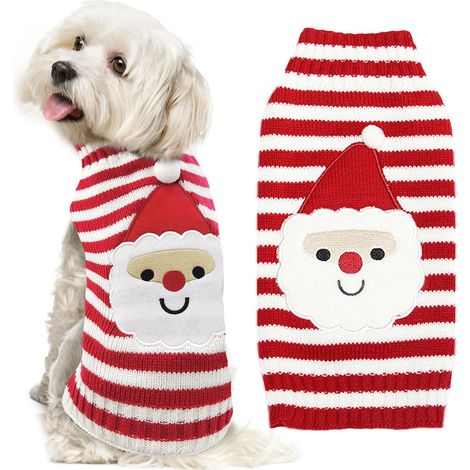 Pull de Noël pour chien, vêtements pour animaux de compagnie à rayures rouges et blanches avec le Père Noël - Pull festif pour chiens et chats de petite, moyenne et grande taille, cadeau parfait pour (1/5)