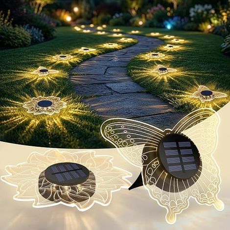Lampe de jardin extérieure solaire, lampes solaires LED extérieures fleurs papillon, applique murale étanche, spot de sol solaire, éclairage décoratif pour allée, cour, terrasse, chemin, pelouse, blan (1/5)