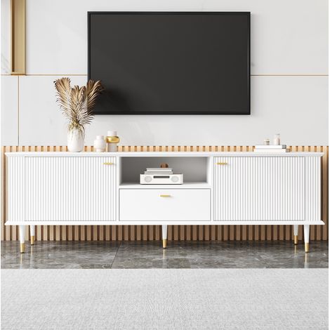 Mobile TV 170x36x54 cm bianco in MDF con 2 ante, cassetto e vano aperto (1/5)