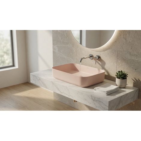 Lavabo rettangolare da appoggio senza troppo pieno in ceramica senza foro rubinetto - Salmone Opaco