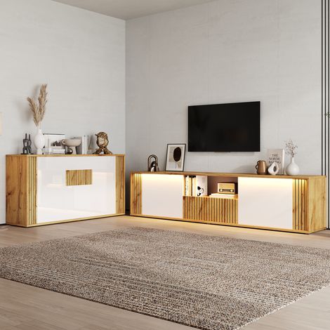Ensemble TV 180x40x51 cm + buffet 140x35x71 cm MDF blanc/bois, LED, rangement salon – MEUBLIV (1/5)