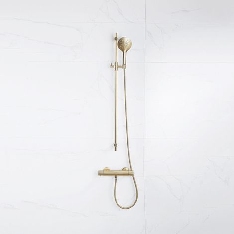 FugaFlow Eccelente Sobrado Ensemble de douche barre curseur avec douchette ronde, flexible en métal et robinet de douche Laiton brossé PVD (1/4)