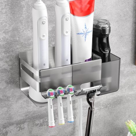 Porte Brosse à Dents Mural avec 3 Accessoires, Support Brosse a Dent Electrique, Support Brosse a Dent Rangement, Acier Inoxydable SUS304 Pot Brosse à Dent Salle De Bain, Argenté (1/5)