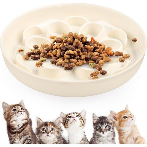Gamelle anti-glouton pour chat avec fond antidérapant et barrières florales blanc