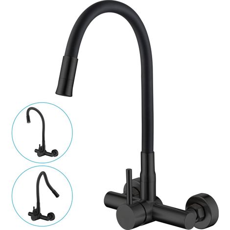 Robinet Cuisine Mural Noir avec Raccord 3/4" pour Lave-vaisselle Lave-linge (1/5)