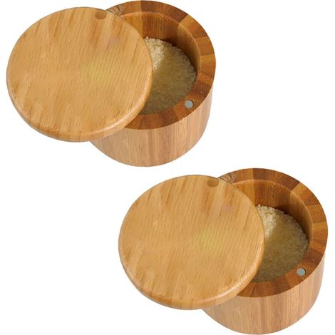 Boîte à sel en bambou, porte-sel avec couvercle, salière, bol à cumin et poivre avec couvercle pivotant magnétique (2 pièces) (1/5)