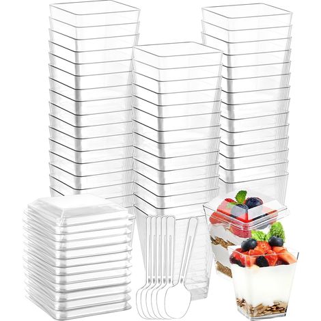 Vasitos de plástico para postres, paquete de 50 vasos, vasos cuadrados de 160 ml, vasos reutilizables con 50 cucharas y tapas para mousse, tiramisú, cumpleaños y bodas. (1/5)
