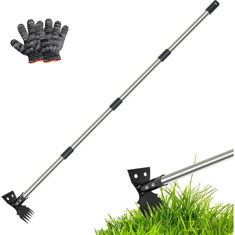 Outil d'arrache-mauvaises herbes avec long manche, râteau manuel 2 en 1 et binette de jardin de 150 cm, 4 sections détachables et robustes avec gants pour terrasse, jardin, cour, pelouse (1/5)
