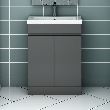600MM Anthracite High gloss MDF Vanity unit, Soft closing, Disassembly, Double door, Freestanding + 101A Thick White Large size Ceramic basin (1/5)