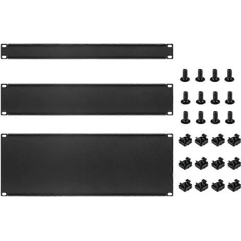 Kit de 3 panneaux métalliques vierges 1U, 2U et 4U pour montage en rack, comprenant des entretoises et des panneaux de remplissage pour armoire serveur. (1/5)