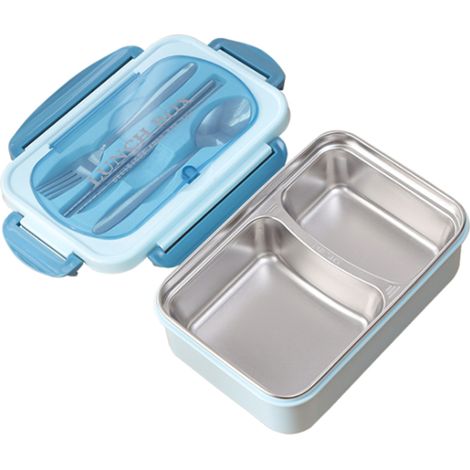 Boîte à lunch portable en acier inoxydable 304, étanche, compatible micro-ondes, avec compartiments alimentaires, cuillère et baguettes incluses. (1/5)