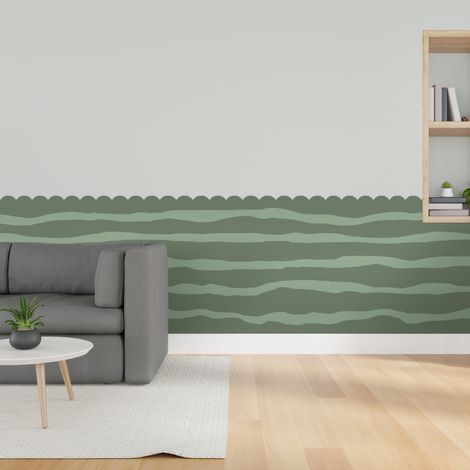 Papier peint découpé préencollé, soubassement, festonné, vert olive, vagues bicolores, raccordable, 83 cm X 195 cm (1/5)