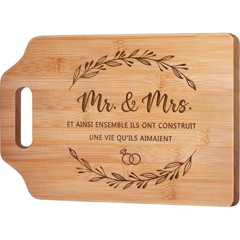 Planche à Découper Bambou Mr et Mme - 1 Pièce - Style Romantique Artisanal - Pour Fromage et Apéritif - Cadeau Mariage Anniversaire - 31 x 22 cm (1/5)