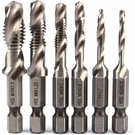 6pcs HSS Jeu de Foret Mèche à 1/4" Tige Hexagonale Set Robinet de Foreuse de Combinaison HSS Bit M3-M10 Filetage Métrique Drill Pour Bois fer Aluminium Argent (1/4)